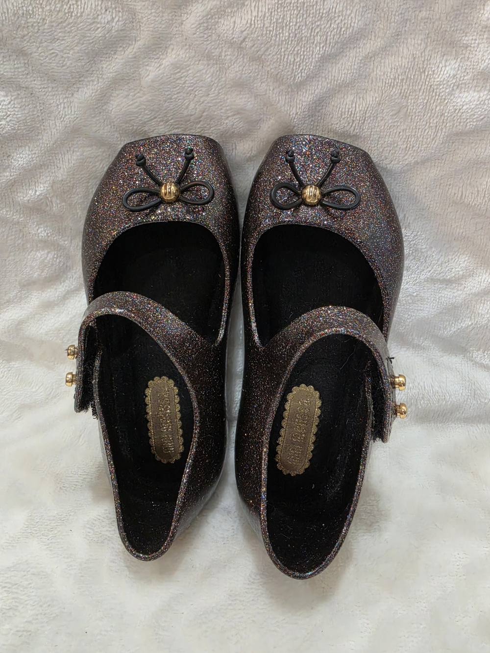 Mini Melissa Kids Sz 6 Toddler. Black Multicolor Glitter Mary Jane Ballet Shoes.